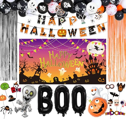 Fontee® 82er Halloween Party Deko Set Happy Halloween Luftballons Banner, Skelett, Kürbis, Ghost Folienballon Latex Ballon für Halloween Bar Wohnaccessoires