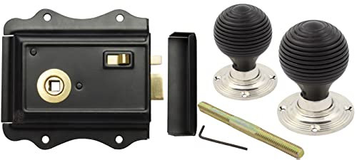 AB Hardware Old English Victorian Style Latch Lock Snib + Ebonised Beehive Rim Door Knob Set (Polished Nickel)