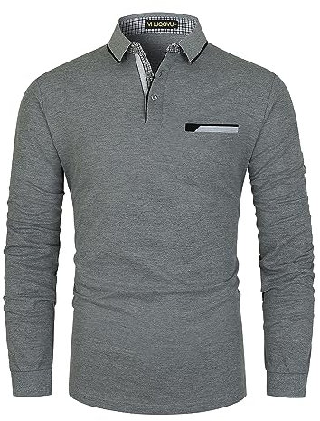 VHUQGVU Poloshirt Herren Langarm Baumwolle Basic Klassische Kontrastfarbe Streifen Stitching Casual Männer Hemd Golf Sport T-Shirt,Grau,L