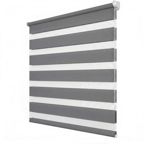 Ruby Deals Zebra Blinds Day and Night Roller Blind, Grey, W213 x H210 cm | Dual Layer Fabric Window Blinds, Light Filtering, No Drill or Drill Fit Blinds Curtains for Windows and Doors