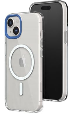 RHINOSHIELD Clear Case kompatibel mit MagSafe für [iPhone 15]|Überragende Magnetstärke, Vergilbungsresistenz, Kristallklar, optimaler Schutz und personalisierbar - Kobaltblau Kamera-Ring