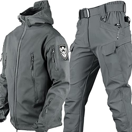 AAADRESSES Herren Softshell Jacke Taktische Uniformen MilitäRische wasserdichte Armee Kampfanzug Sets Jagdbekleidung Hose Leicht Outdoor ReißVerschluss Kapuzenpulli,Grau,XL