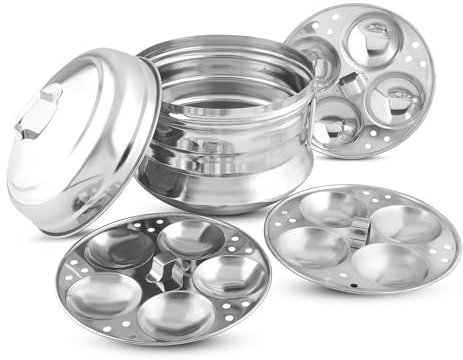 KSJONE Stainless Steel Traditional Idly Panai/Steamer/Maker with 3 Deep Idly Plates Steams (13 Idlies), (Silver)
