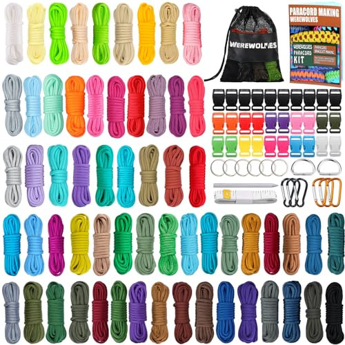 WEREWOLVES Paracord 550 Combo Crafting Kits with Instruction- 60 Colors 10ft Multifunction Paracord and Complete Accessories for Making Paracord Bracelets, Lanyards, Dog Collar (Forest, 60 Colors)