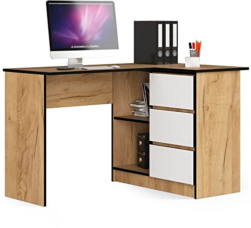 AKORD Eckschreibtisch B16 mit Regal 124 cm | 3 Schubladen Links | Schreibtisch | Ecktisch | Eck Schreibtisch | für Home | für Office | B124 x H77 x T85 cm | Gewicht 41,40 kg | Handwerk Eiche/Weiß