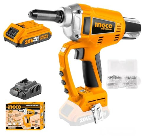 INGCO CRTLI20051 Rivettatrice a batteria 20V 2.0Ah al litio motore induzione Brushless con luce led forza di trazione max 20.000N include caricabatterie e 100 rivetti