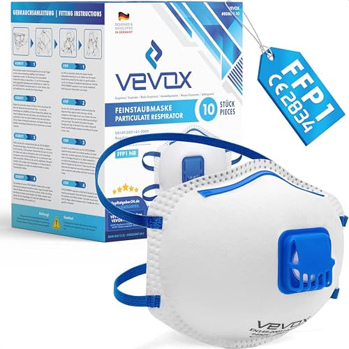 VEVOX® FFP1 Dust Mask - Set of 20 - Valved Face Masks - Respirator - Protection e.g. for Construction, Building Work, Sanding, Woodworking, Fine Dusts, Aersoles or Particles