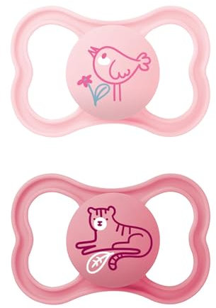 MAM Air Silikon Schnuller im 2er-Set, extra leichtes und luftiges Schilddesign, zahnfreundlicher Baby Schnuller aus speziellem MAM SkinSoft Silikon mit Schnullerbox, 6-16 Monate, Vogel/Tiger