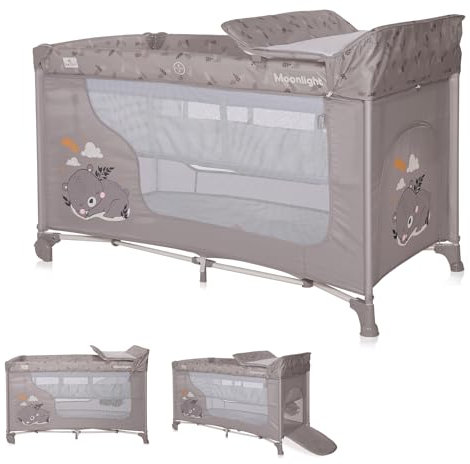Lorelli 3 in 1 Babybett und Laufstall, Moonlight 2 Ebenen mit Seiteneingang, Kinderbett ab Geburt bis 15 kg, faltbares Baby Reisebett mit Neugeborenen Einsatz, Wickelauflage, Rollen und Tasche, beige