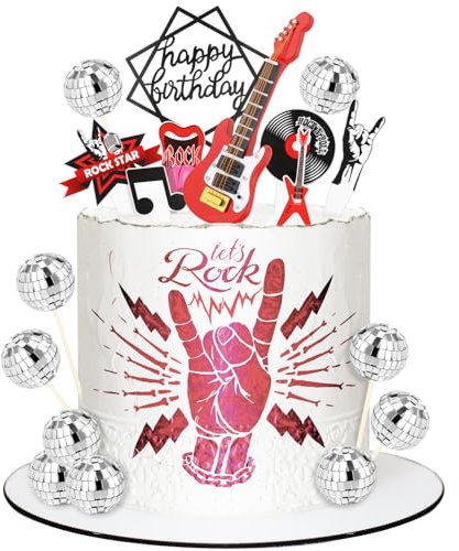 Vyuwast Guitar Cake Topper Disco Ball Cake Decorations Music Note Birthday Cupcake Toppers Electric Guitar Model Rock and Roll Cake Decorations for Musician Rockstar Birthday Bass Retro Party Supplies