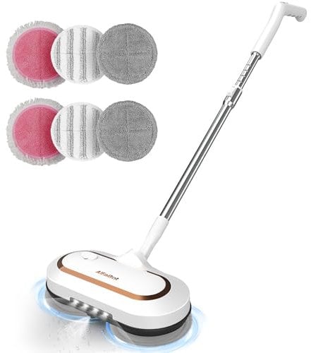 Electric Mop, AlfaBot S2 Cordless Spin Mop for Floor Cleaning, with LED Headlight and Sprayer/400ML Big Tank/60 Mins Runtime, Lightweight Floor Scrubber for Hardwood Tile Floors