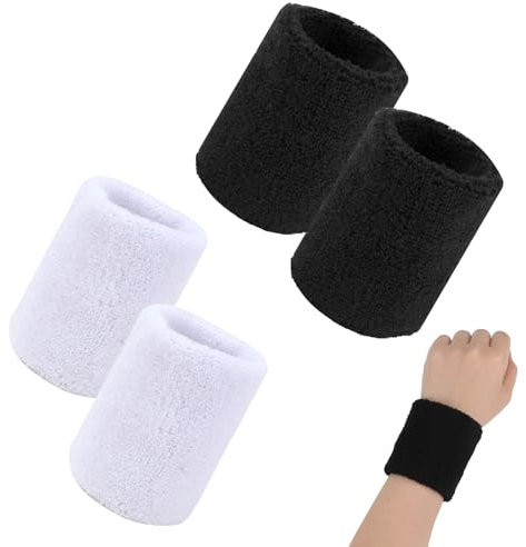 4 Pièces Bandeau Poignet, Sport Serre Poignets, Brassard Tennis, Bracelet pour Le Sport, Manchette Tennis Poignée, Brassard Éponge Absorbant, pour Gym Tennis Course Basket-Ball (Noir, Blanc)
