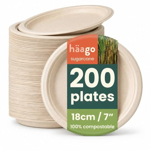 HAAGO 200 Eco Disposable Sugarcane Dessert Plates, 7 Inch (18cm) - Natural Colour Small Plates - Biodegradable & Compostable Side Plates for Desserts, Starters & Snacks - Sturdy & Heavy Duty