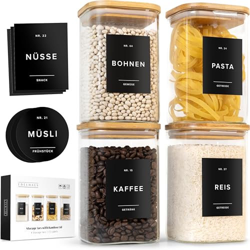 EDELHAUS Vorratsgläser mit Deckel aus Bambus (4x 1100ml) Vorratsdosen mit Holzdeckel & 72 Vorratsetiketten Schwarz - Lufdichtes Vorratsglas - Stapelbare Glasbehälter mit Deckel Küchen Organisation