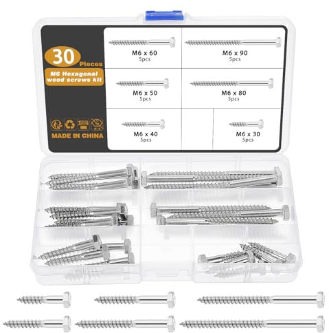 Gueenky 30 Piezas Tornillo de Cabeza Hexagonal para Madera de acero Inoxidable, M6x30/40/50/60/80/90mm Tirafondos para Madera, 6 Tamaños DIN 571 Tornillos de acero Inoxidable para Madera