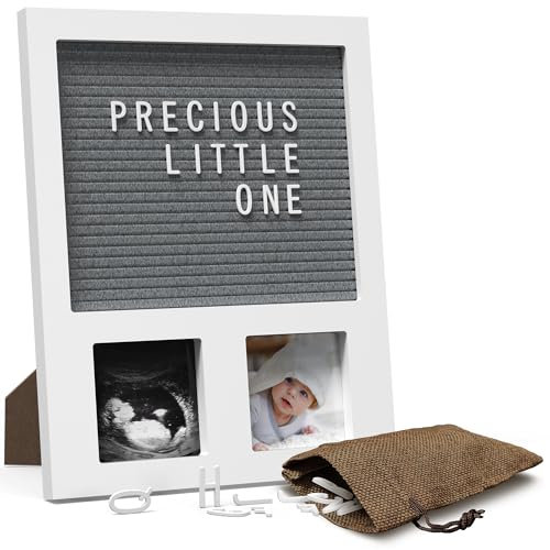 Filz-Briefbrett für Babys, Andenken, 30,5 x 25,4 cm, Baby-Bilderrahmen mit 2 Fotofenstern (7,6 x 7,6 cm), 2 + 1 Buchstabentafeln, perfekt für Schwangerschaftsankündigungen, Geschlechtsoffenbarung,