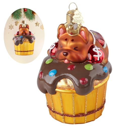 HZYC Dog Christmas Ornaments,Hand-Blown Glass Ornaments for Tree,Cupcake Collection Figurine Hanging Ornaments,French Bulldog Christmas Decorations for Animal Lovers Party Holiday Home Gifts
