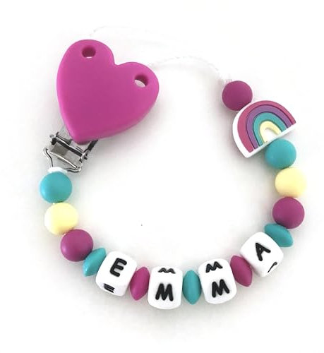 Catenella Portaciuccio con Nome, Catenina Porta Ciuccio Personalizzata Compatibile con ogni Succhietto (arcobaleno fucsia)