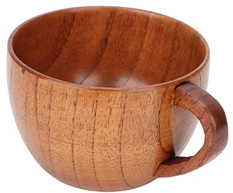 Qukaim Taza de café de madera, taza de té de base plana retro con asa para el hogar, escuela, oficina, 10 onzas, acabado natural