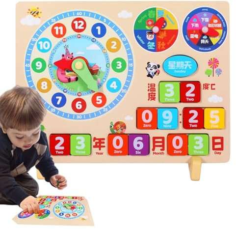Generisch Kalenderuhr Kinder, Kleinkinduhr Lernen | Holzkalender-Wettertafel - Wood Treasures Lehruhr aus Holz, Kalenderuhr, frühes Lernen, pädagogisches Spielzeug für Kinder