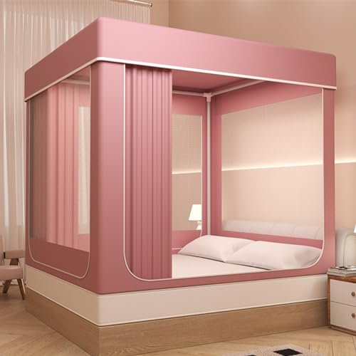 Tragbares Traumzelt für Kinder und Erwachsene, Doppelbett, Betthimmel mit 80 % Verdunkelung, 3 Türen, atmungsaktiver Stoff, Rosa, Queen-Size-Bett, Zelt für privaten Schlafplatz