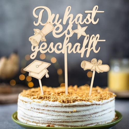 Gleevio Du Hast es Geschafft Cake Topper Holz,3 Stück Abschluss Tortendeko Graduation Deko Torten,Graduation Hat Cupcake Topper,Tortendeko Abitur 2025,Congratulations Cake Topper für Abschlussfeier