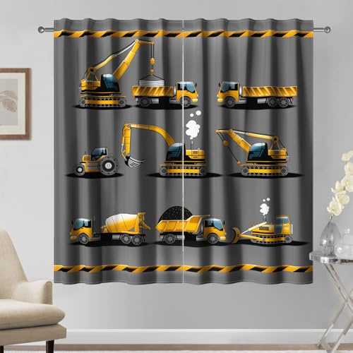 Kzzfqxb 107x160cm Kindervorhänge 2 Paneele, Bauautos Bagger Kranwagen LKW Cartoon Stangentasche, Schwarz Gelb Dekor für Kinder, Jungen, Schlafzimmer, Kinderzimmer