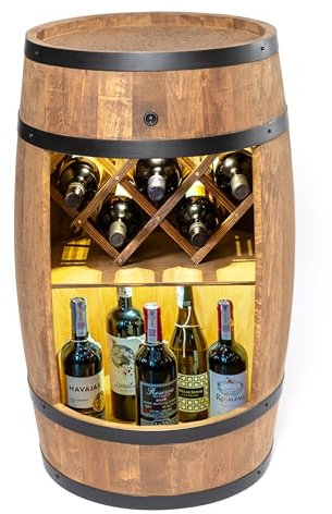 CREATIVE COOPER Fassbar mit Weinhalter und LED - Weinregal - Holzfass Hausbar 80cm - Rustikaler deko Barschrank Weinständer – Fass, Whisky Bar Weinschrank (braun)