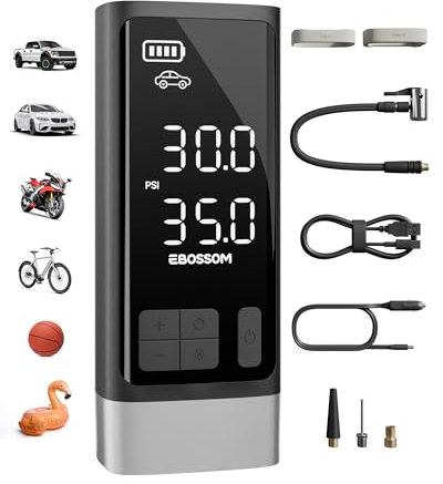 Compresor Aire portátil,Inflador Ruedas Coche 10,3Bar,Bomba de Aire Multifuncional con Motor bicilíndrico y 2500 mAh,Kit de Emergencia para vehículos Grandes,Pickups, Motos.con iluminación LED.