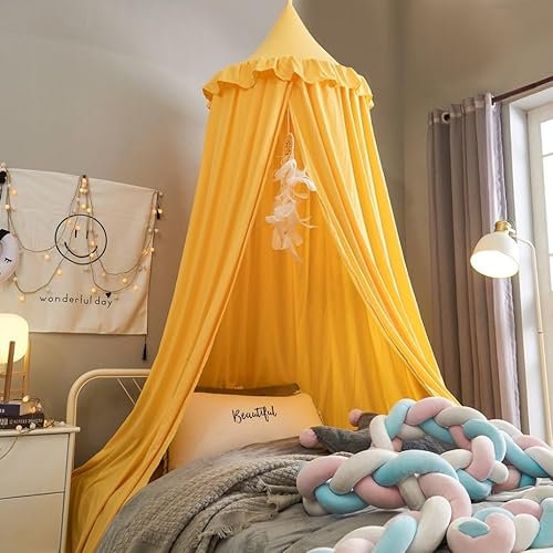 Lsimeru Rüschen Baldachin Kinderzimmer Jungen Gelb Betthimmel Babybett Kinderbett Himmel Bettvorhang Princess Moskitonetz Insektennetz Himmelbett Vorhang für Babyzimmer