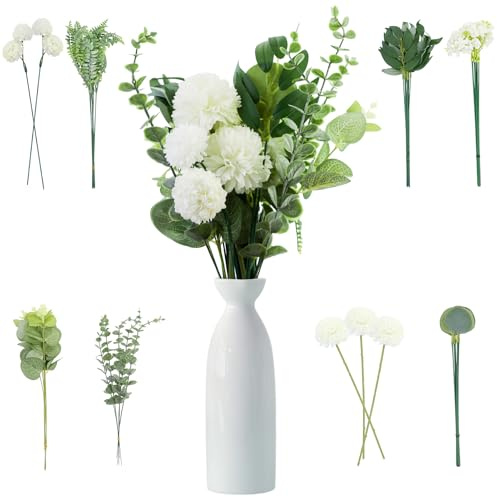 55 unità di fiori artificiali e rami artificiali, fiori bianchi, foglie artificiali, rami decorativi in seta, bouquet di fiori artificiali di eucalipto e ortensie per lavori manuali, ramo di