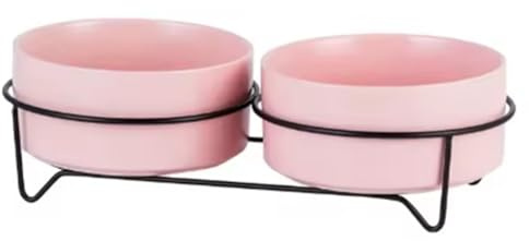 Koolenry Pet Large Capacity Dogs Food Water Bowls with Stand Cat Ceramic Eating Drinking Feeders Elevated Feeding Supplies Pink 850ml