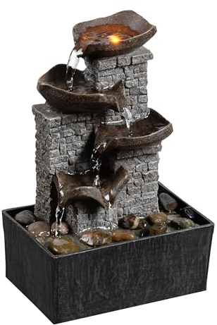 MAOCHI Tabletop Indoor Water Fountain Cascading with 3-Tier Bowl Brick Wall Design with LED Light Tabletop Zen Decor