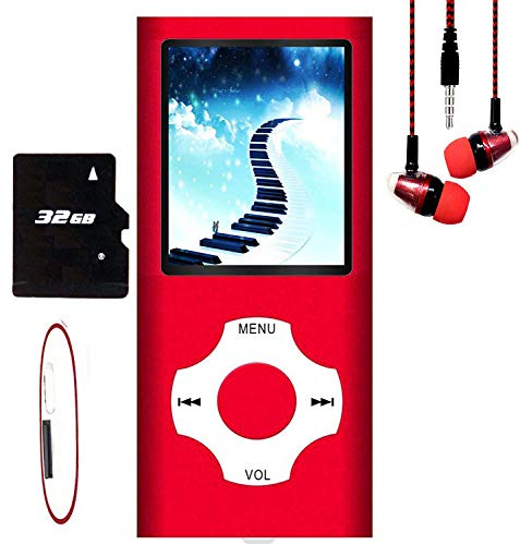 Hotechs MP3-Player/MP4-Player, MP3-Player mit 32 GB Speicherkarte, schlankes Design, digitales LCD-Display, 4,6 cm (1,8 Zoll) Display, FM-Radio (Shine Rot)