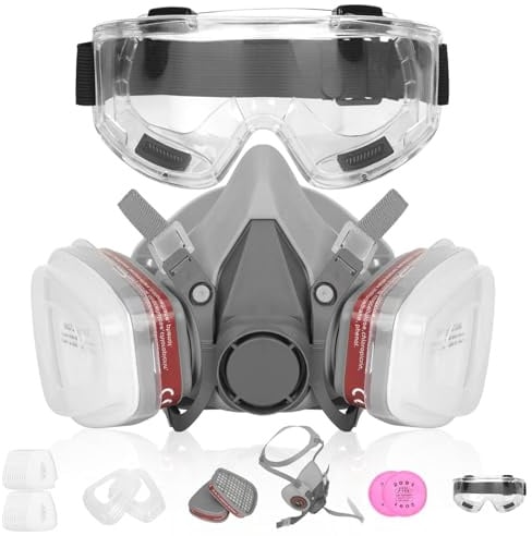 YOMKILU Maschera Antipolvere Respiratori Riutilizzabili, Maschera Verniciatura mit 2 Filtro, 22 Filtro in Cotone e 1 Occhiali Protettivi, Maschera Polveri Sottili per Verniciatura, Saldatura