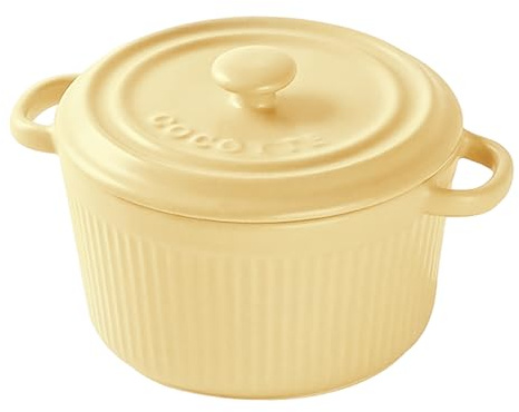 LUPATDY Small Casserole Dish with Lid 250 ml, mini Ceramic Round Baking, 8oz Ceramic Ramekins with Handles for Brulee Ramekins, Vegetables, Souffle,Quiche, Dishwasher and Oven Safe, Yellow