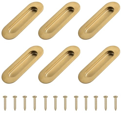 MOROBOR 6 piezas de asas de puerta deslizante empotrables de acero inoxidable con orificio lateral, tirador empotrado ovalado para cajones, armarios o guardarropas/Dorado cepillado