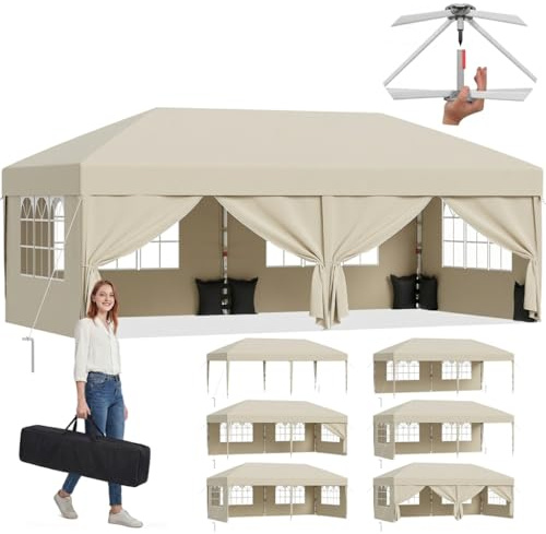 JUMMICO 3x6m Pop Up Gazebo with Sides, Heavy Duty Waterproof Gazebo Marquee, UV50+ Garden Gazebo, 4 Removable Walls & Adjustable Height Folding Tent for Garden Party Camping - Beige