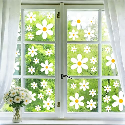 Joeyan 6 Stück 72pcs Frühling Gänseblümchen Fenstersticker Selbstklebend | Weiße Blumen Fensterbilder, Wiederverwendbare Fensteraufkleber Doppelseitige Glasdeko für Büro Zuhause Party