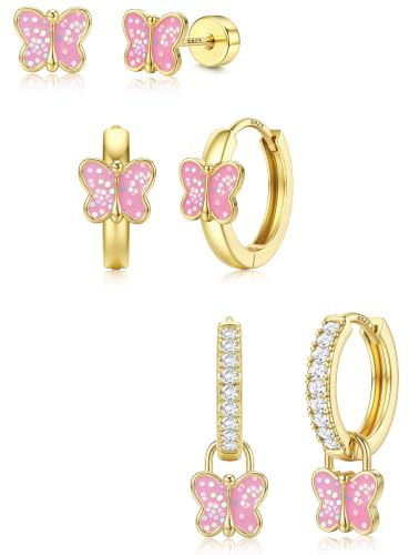 Adramata Kinder Ohrringe Silber 925 Mädchen Damen Creolen Flatback Ohrstecker Mädchen Hypoallergene Ohrringe Herzform Schmetterling Gold/Silber Ohrstecker Damen Ohr Piercing