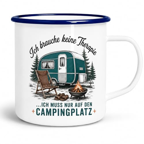 Emaille Tasse Camping Becher – Lustige Camper Geschenke, Robustes Camping Geschirr Emaille für Outdoor, Witzige Camping Tasse für Wohnmobil Urlaub