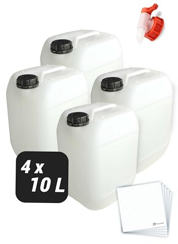 Trevendo 4er-Set Wasserkanister - Leerkanister - Kunststoffkanister (10 Liter) - lebensmittelecht & BPA-frei - inkl. Auslaufhahn & Schraubverschluss & Beschriftungsetiketten