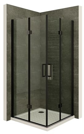 Moments of Glass Duschkabine BELLE mit Falttüren, 80x85 cm, Höhe: 190 cm, Eckduschkabine aus durchsichtigem 6 mm NANO ESG Sicherheitsglas, schwarze Aluminiumprofile - DK63