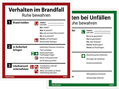 Schild Aushang Verhalten im Brandfall und Verhalten bei Unfällen als Set, 18x20cm, mit UV-Schutz, PVC-Aufkleber, ISO 7010, Betriebsaushang Notfallplan Dreifke®