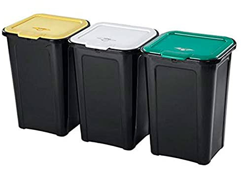 Acan Pack de 3 cubos basura 44 litros con tapa 55 x 38 x 34 cm. Juego, set de contenedores de residuos apilables de plástico para reciclaje