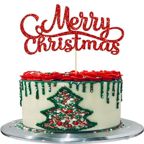 Gyufise 1 Pack Merry Christmas Cake Topper Red Glitter Xmas Holiday Cake Decorations for Winter Christmas Santa Happy New Year Party Supply Decoration