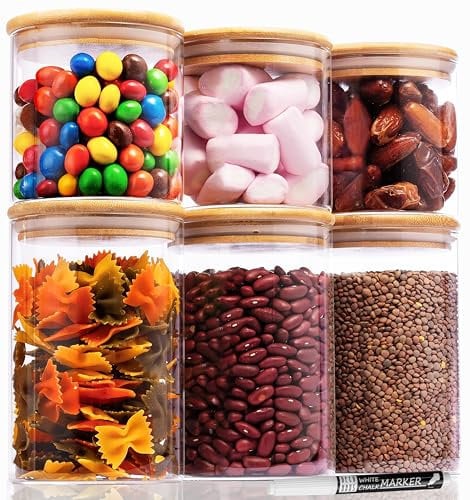 Deco haus® Set da 6 Barattoli di Vetro con Coperchio di Bambù - Ermetici, Adatti a Lavastoviglie e Microonde - Contenitori Alimentari per Biscotti, Pasta,Cereali - Alti 3x15cm/3x10cm Diametro 10cm