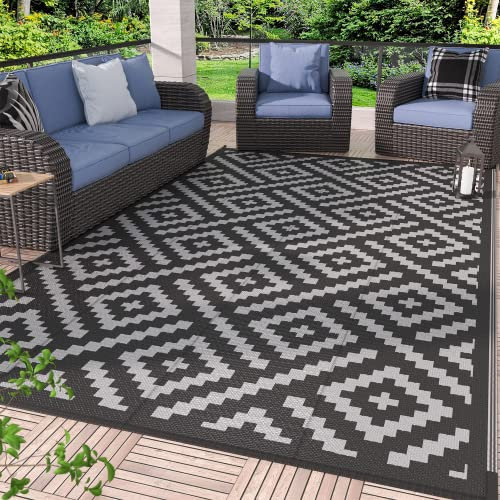 GENIMO Outdoor-Teppich für Terrassenabstand, 1,5 x 2,4 m, wasserdichte Matte, wendbare Kunststoff-Campingteppiche, Wohnmobil, Veranda, Deck, Camper, Balkon, Hinterhof, Schwarz und Grau