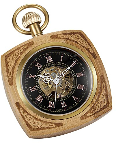 Tiong Wood Mechanical Skeleton Pocket Watch Steampunk Roman Numerals Rectangle Wooden Pocket Watches with Chain Clip for Men