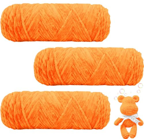 Maxee 300g(3×100g) Samtig Babywolle, Samt Velvet Wolle Chenille Garn, Kuschelweich Chenillegarn, Flauschige Weich Plüschwolle, Häkelgarn Wolle Zum Stricken & Häkeln(Orange)